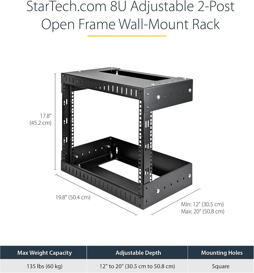 StarTech.com 8U 19' Wall Mount Network Rack - Adjustable Depth 12-20' 2 Post Open Frame Server Room Rack for AV/Data/ IT Communication/Computer Equipment/Switch w/Cage Nuts & Screws (RK812WALLOA)