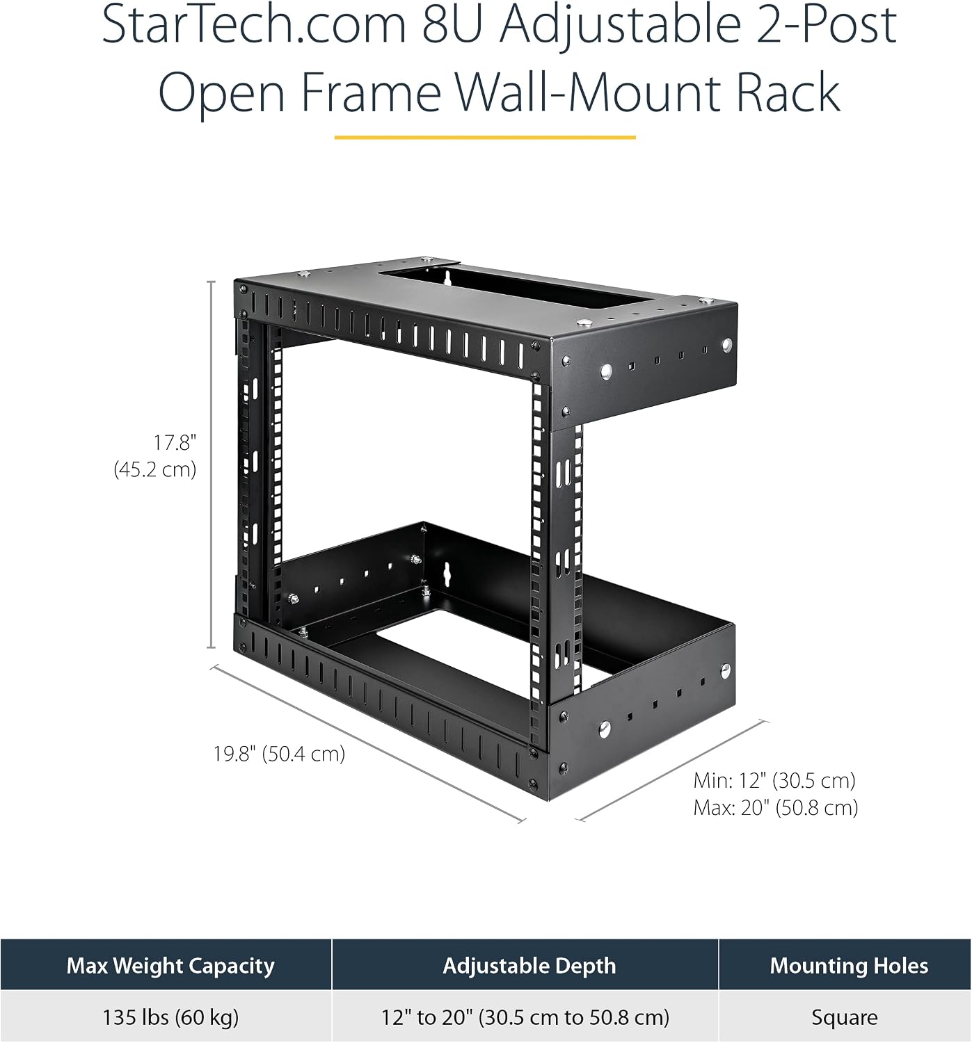 StarTech.com 8U 19' Wall Mount Network Rack - Adjustable Depth 12-20' 2 Post Open Frame Server Room Rack for AV/Data/ IT Communication/Computer Equipment/Switch w/Cage Nuts & Screws (RK812WALLOA)