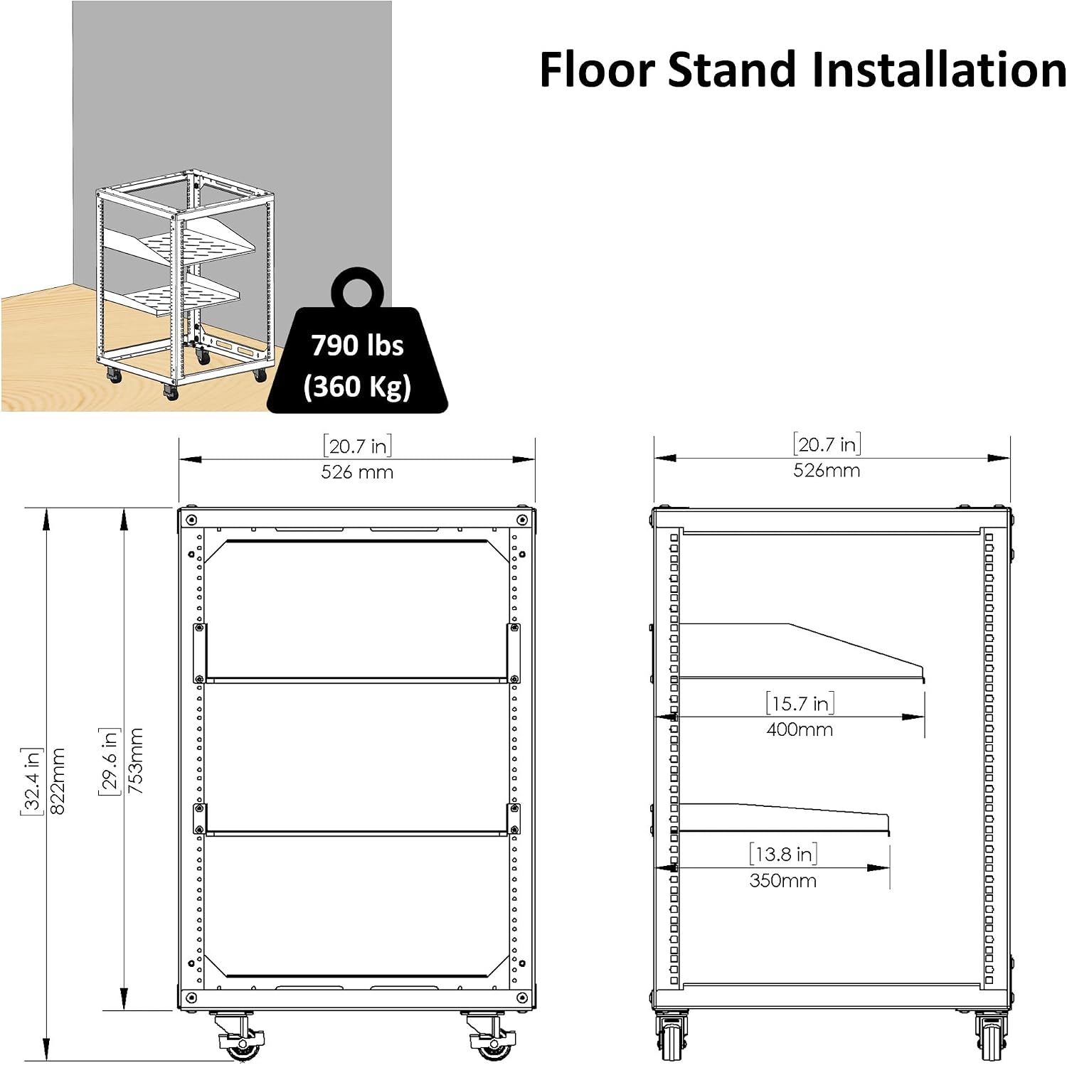 AEONS 15U Open Frame Network Server Rack 19-inch 4 Post AV Rack with Casters for Floor Standing and Wall Mount, Side Load for Extra Depth– Complete Kit with 1U and 2U Vented Shelves, Black