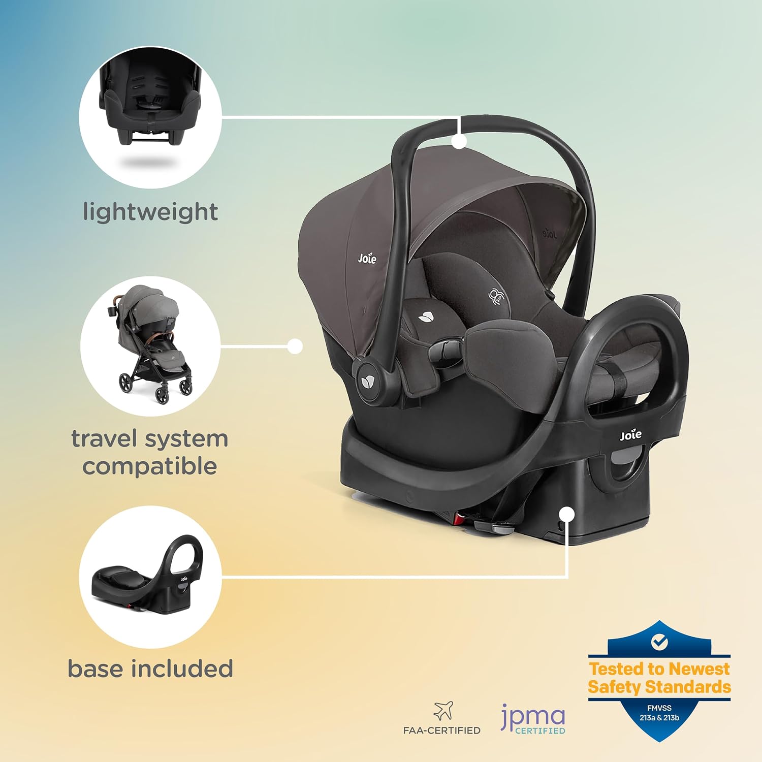 Joie Rue Lightweight Infant Car Seat & Anti-Rebound Base –Side-Impact Protection, 5-Point Harness, and UPF 50+ Canopy for Newborns and Infants (Blush)