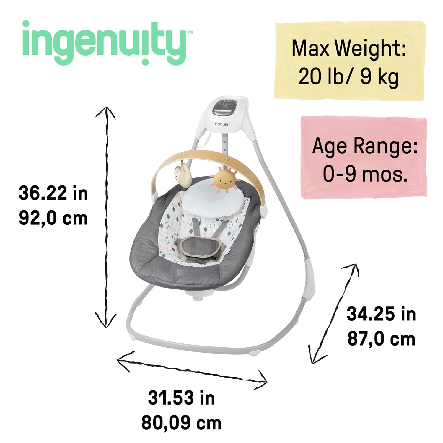 Ingenuity SimpleComfort Compact Baby Swing, Rotating Seat Swings in 3 Directions, 6 Speeds, 8 Melodies & 3 Nature Sounds, Ages 0-9 Months, Up to 20 Pounds - Parker