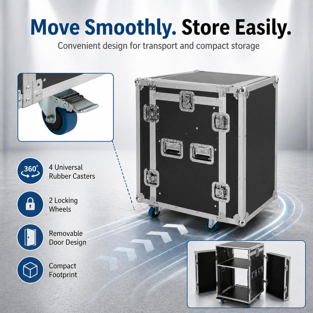 10U PA DJ Pro Audio Rack Road Case with Slant Mixer Top and Casters, DJ Mixer Rack, Pro Tour Grade