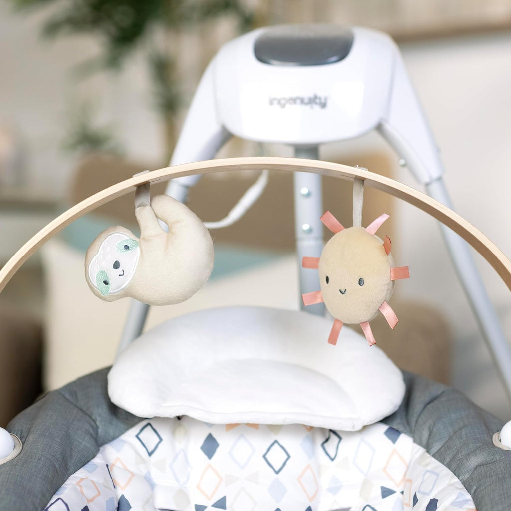 Ingenuity SimpleComfort Compact Baby Swing, Rotating Seat Swings in 3 Directions, 6 Speeds, 8 Melodies & 3 Nature Sounds, Ages 0-9 Months, Up to 20 Pounds - Parker