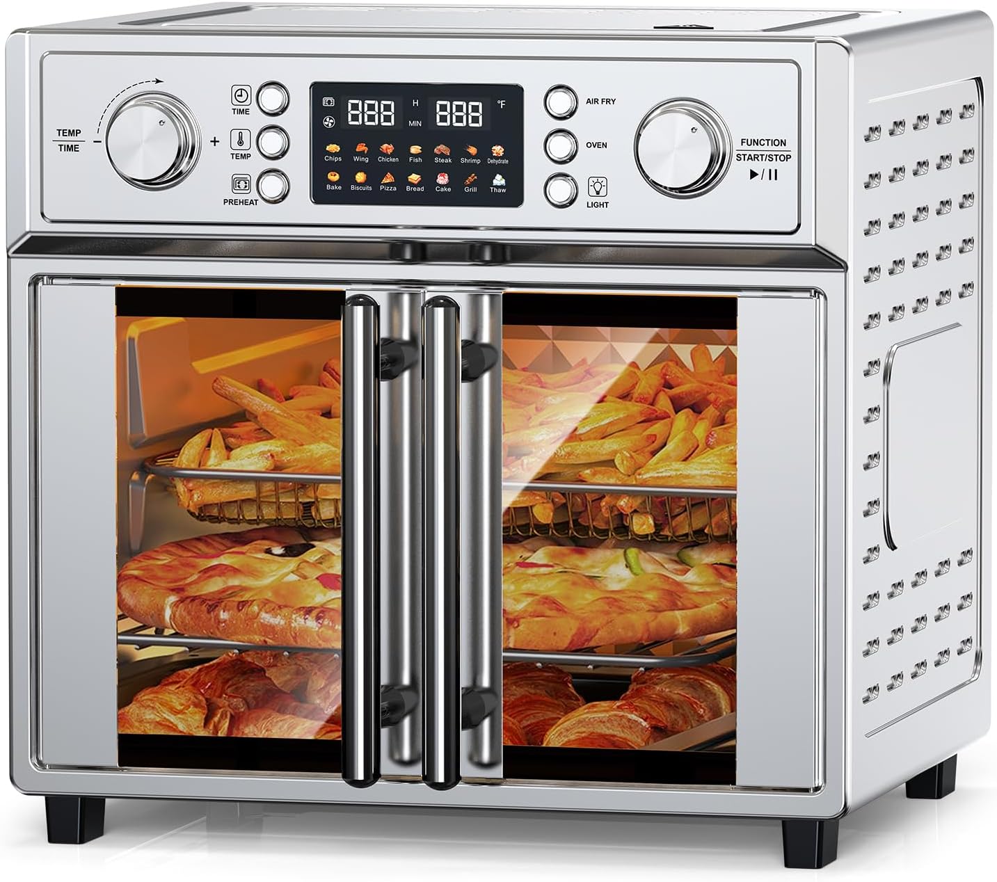 PlumChef 29.5QT Large Capacity French Double-Door Air Fryer Convection Toaster Oven, 1700W, 14 Preset Menus, 7-in-1 Multi-Function (Bake, Roast, Gril,Toast,Dehydrate&Defrost), Stainless Steel,silvery