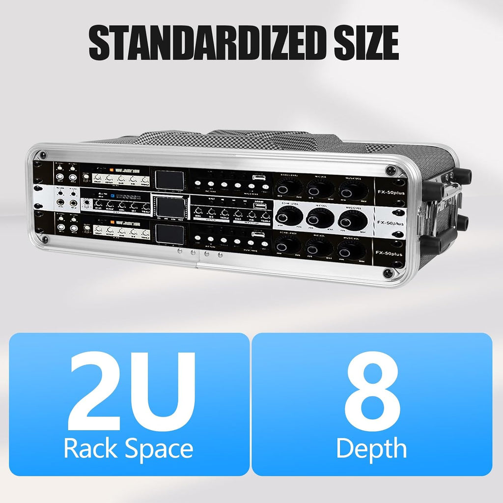 2U ABS Rack Case Shallow 8' Depth, 19' Rackmount Flight Road Travel Case, Waterproof Protective Hard Case with Customized Foam, Wireless Mic System Storage/Amp/Effect/DJ Mixer