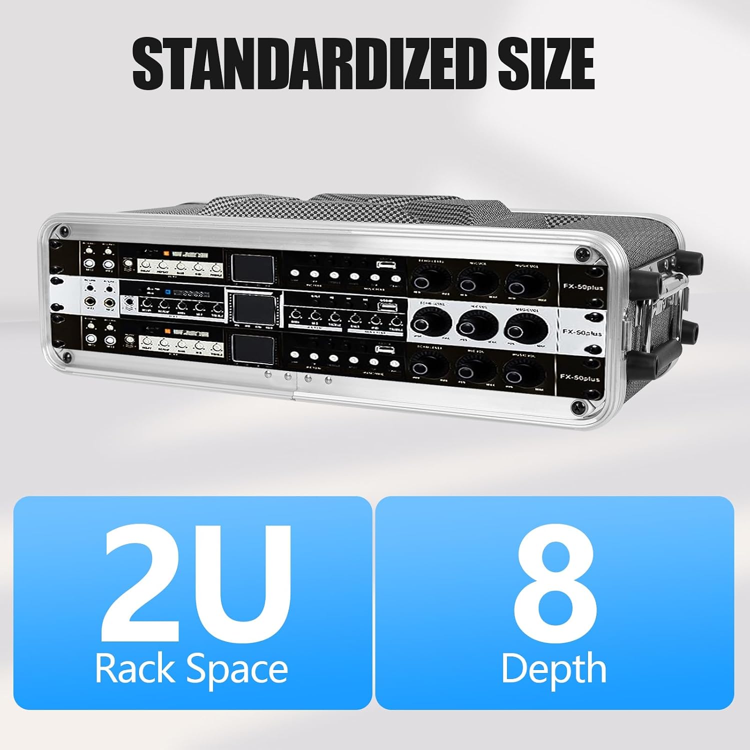 2U ABS Rack Case Shallow 8' Depth, 19' Rackmount Flight Road Travel Case, Waterproof Protective Hard Case with Customized Foam, Wireless Mic System Storage/Amp/Effect/DJ Mixer