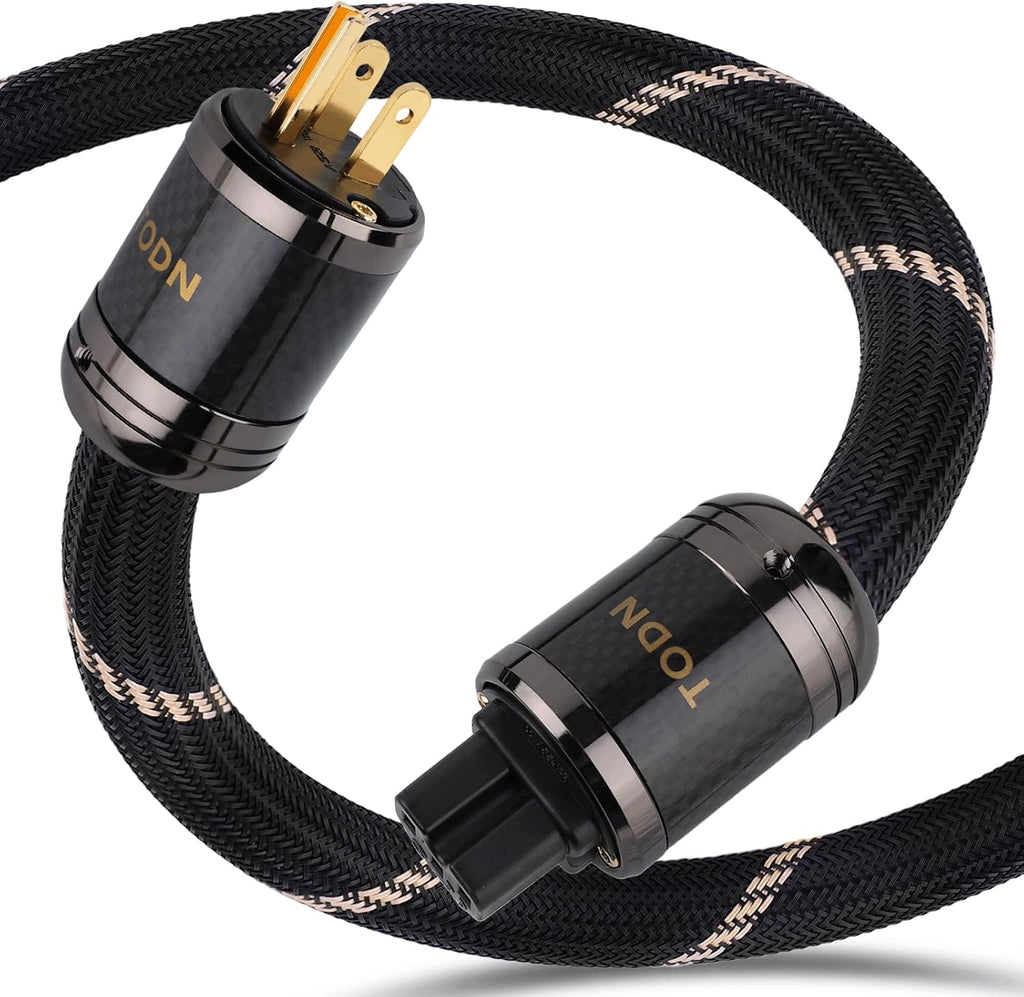 TODN Audiophile Audio Power Cable OFC+OCC Cores HiFi Power Cord with Carbon Fiber Shell, 24K Gold Plated US Plug, Φ17.5mm, 3ft/1m
