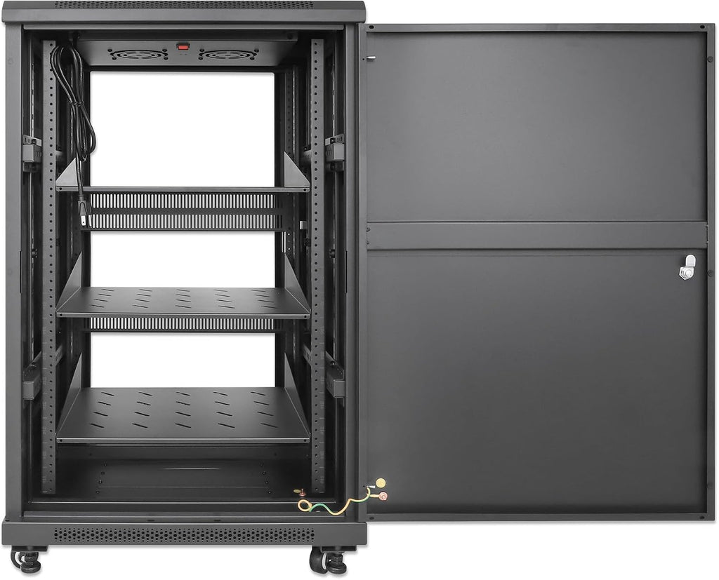 Intellinet 18U Network Server Rack Enclosure Cabinet with Integrated Fans – IP20 Rated, Reversible Tempered-Glass Front Door, Removable Side Panels – 3 Yr Mfg Warranty