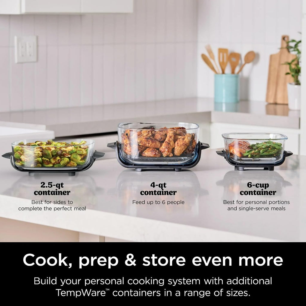 Ninja FN100ND Crispi Air Fryer, Microwave, Freezer & Dishwasher Safe, Non Toxic Glass Portable Cooking System, 4 QT & 5 Cup Glass Containers with Storage Lids, Easy Meals, Blue (Renewed)