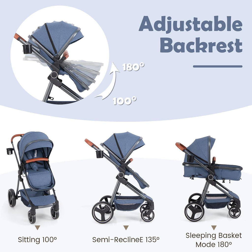 INFANS 2 in 1 Baby Stroller, Newborn Convertible Stroller Bassinet for Infant, Foldable High Landscape Shock Absorption with Reversible Seat, Aluminum Structure for Toddler Pushchair 0-36 Month