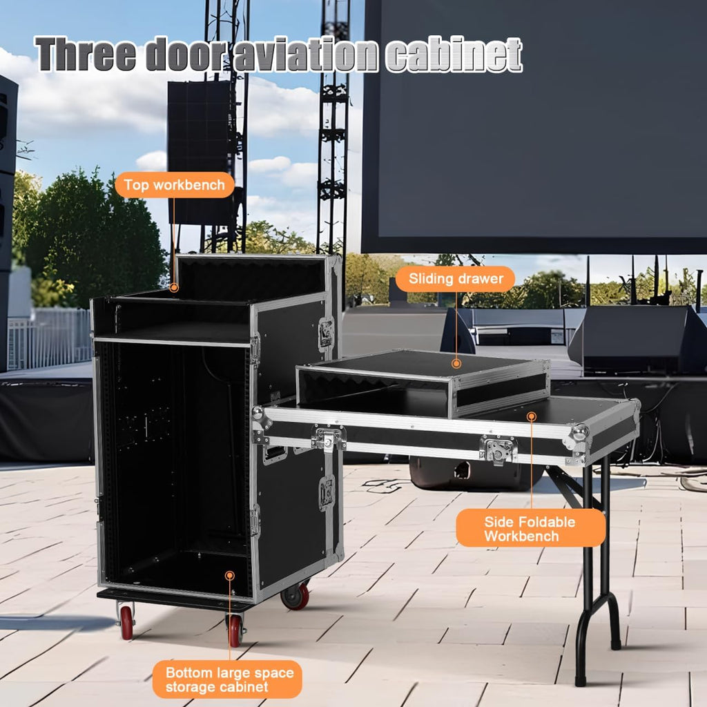 16U Dj Audio Rack, Recording Studio Rack with Top Mixer Workbench, 4 Casters,Two Foldable Dj Bench and Sliding Drawer for Stage Performance and Equipment Storage 38.18 * 28.34 * 20.86in
