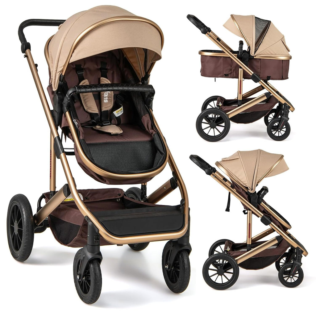 INFANS 2 in 1 Baby Stroller, Folding Newborn Pram Convertible Stroller Bassinet for Infant Foldable High Landscape Shock Absorption with Reversible Seat Aluminum Structure for Pushchair