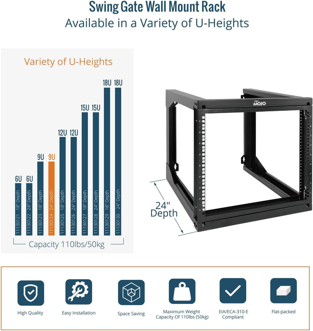 Tecmojo 9U Rack Wall Mount with Swing Gate, 9U Server Rack for 19inch Computer/AV/Data/IT/Media Equipment, Open Frame Server Rack with 24inch Depth, Square&Tapped Holes