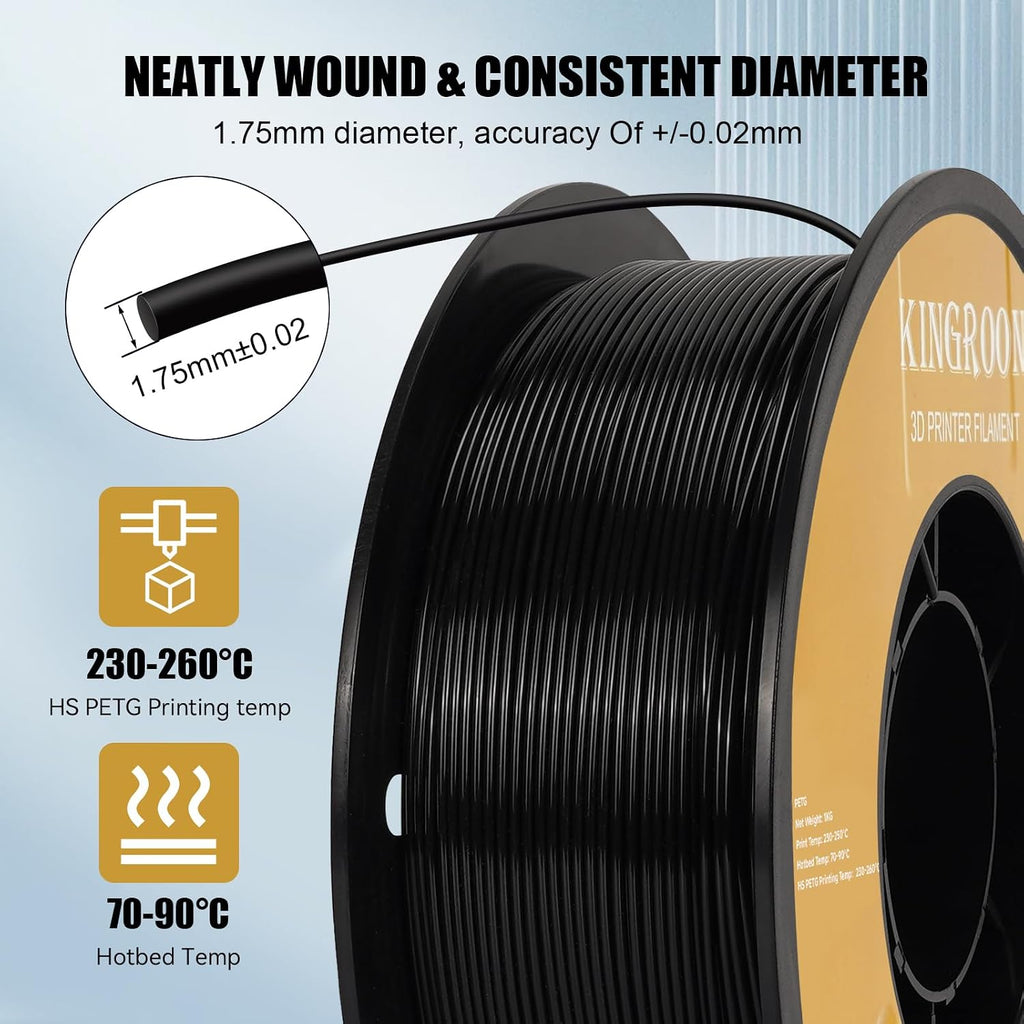 Kingroon High Speed PETG Bundle 3D Printer Filament 1.75mm, 3D Printer Rapid Filament for 30-600mm/s Hyper Printing Filament, Dimensional Accuracy +/- 0.03 mm, 10 kg Plastic Spool (22lbs（Black）