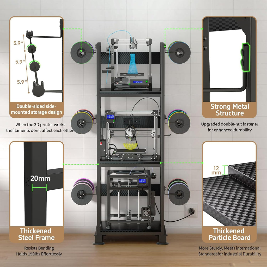 3DPrinter Stand with Filament Storage,3D Printer Rack with Power Outlet,Heavy-Duty 3D Print Storage Shelf for ABS/PLA/TPU Filament Spools,Perfect for 3D Printing Workshops,Carbon Fiber Black