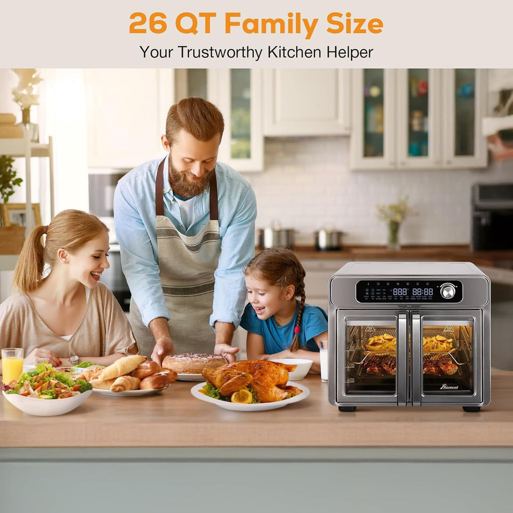 Romswi 26QT French Door Air Fryer Toaster Oven Combo, 24 Cooking Functions and Digital Controls, Fits 12' Pizza, 6 Slices of Toast, Rotisserie 6lb Chicken, 6 Accessories Included