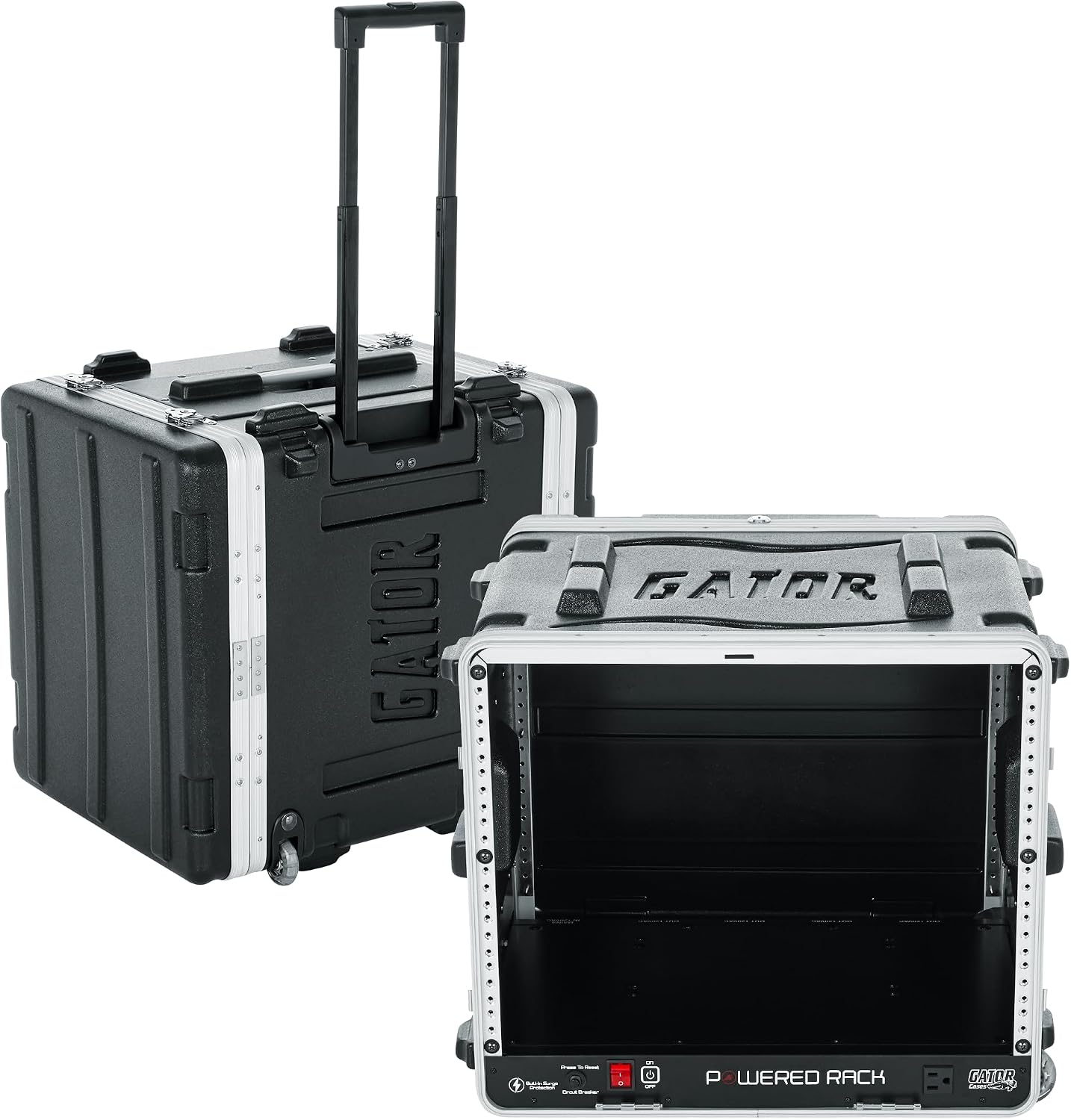 Gator Cases Lightweight Rolling 8U Rack Case with Built-in Power Supply, Heavy Duty Latches, Retractable Tow Handle, and Recessed Wheels, 19.25' depth, (GRR-8PL-US)