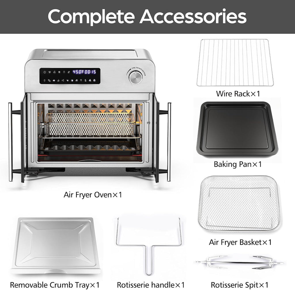 OSTBA French Door Air Fryer Toaster Oven Combo, 102 Recipes & 7 Accessories Extra Large Airfryer Convection Oven Countertop 10-in-1, 30% Faster 90% Less Oil, Stainless Steel