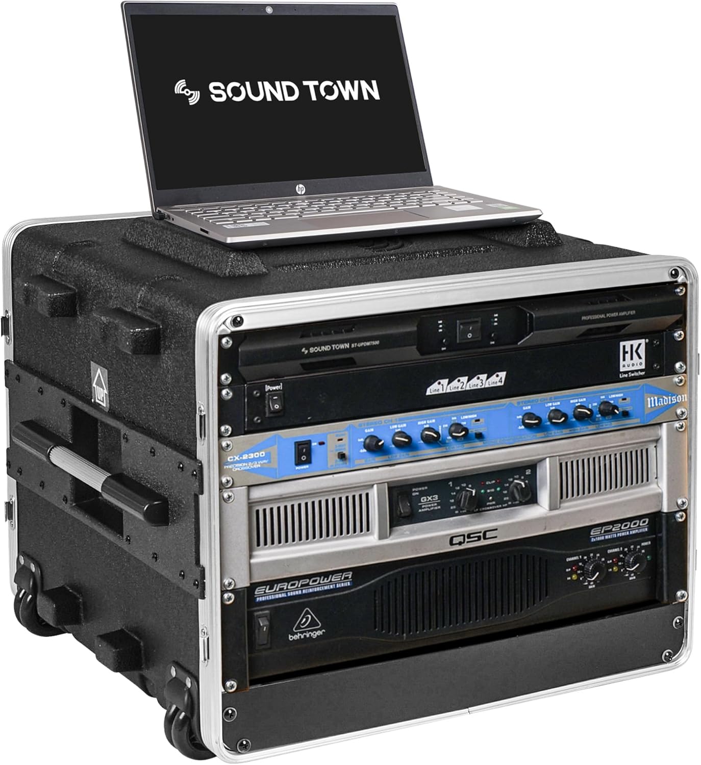 Sound Town Lightweight 8U PA DJ Rack/Road Case with 7U Rack Space, ABS Construction, 19' Depth, Retractable Handle, Wheels and Heavy-Duty Latches (STRC-A8UT)