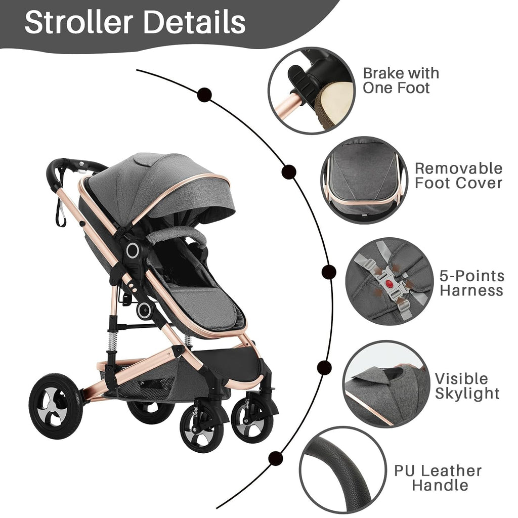 2 in 1 Baby Stroller, Convertible Pushchair Stroller w/Reversible Seat, Foldable Newborn Pram Carriage, Adjustable Canopy, Storage Basket, Diaper Bag & Cup Holder, 0-36 Months (Golden)