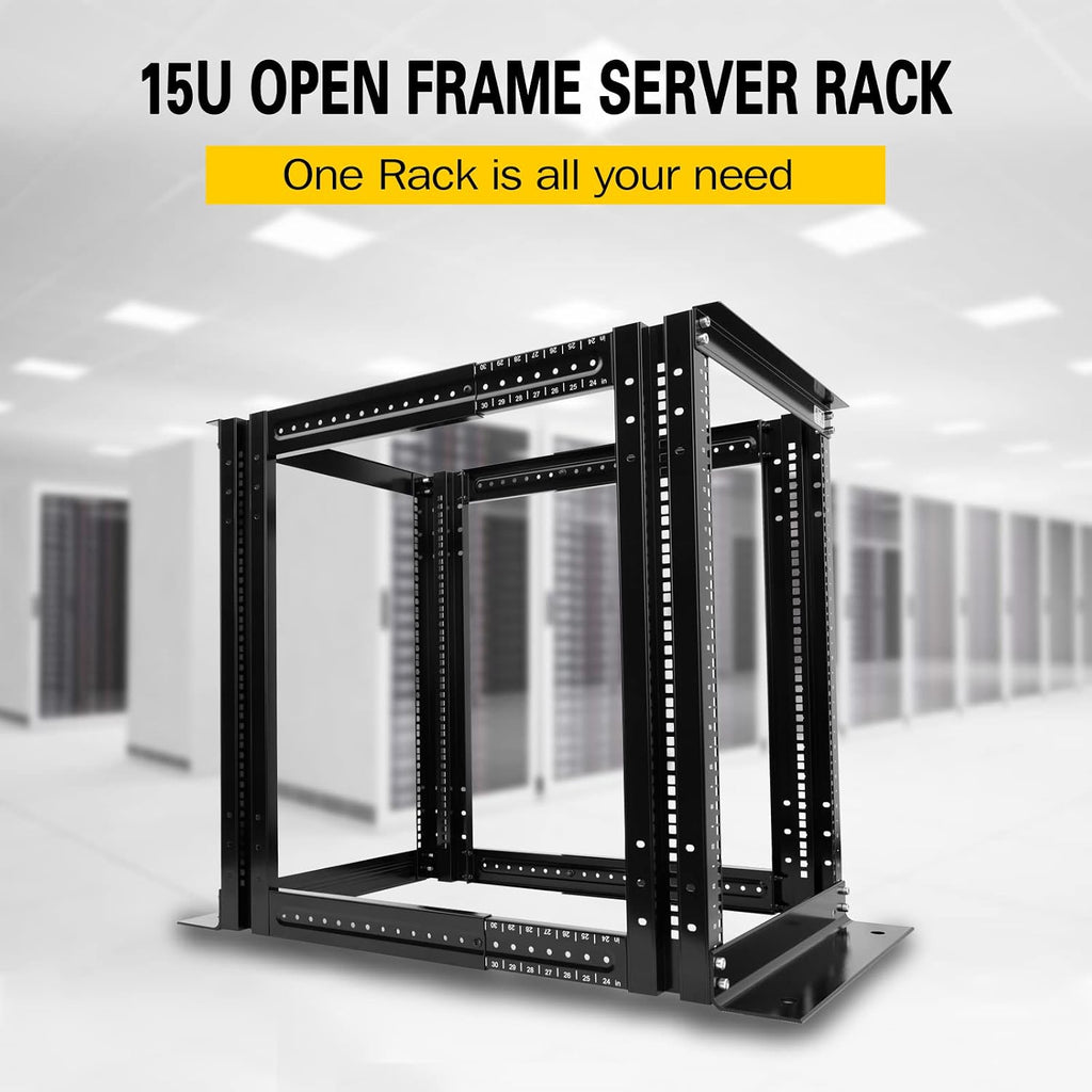 Raising ELECTRONIS 15U 4 Post Open Rack Frame Rack Enclosure 19 Inch Adjustable Depth Aluminum UL Certified