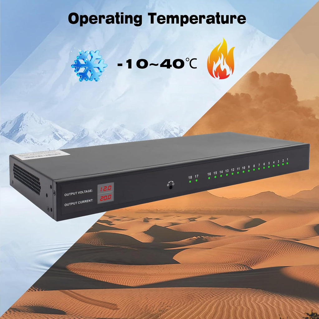 1U 12V 20A 18-Channel Rack Mount Power Supply – 12V 3-5A Distributed DC Output with Reset Fuse, 4 ft Replaceable AC Cord. Ideal for Security Cameras, DVRs, CCTV Systems, by UltraPoE
