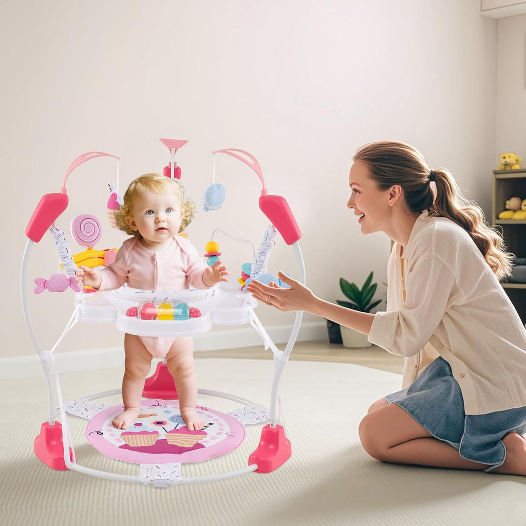 HONEY JOY Baby Bouncer Activity Center, Infant Jumper and Table w/ 360° Rotary Seat, 3 Adjustable Heights, Mat, Music, Lights, Sounds & Developmental Toys, Activity Center for Babies (Pink)