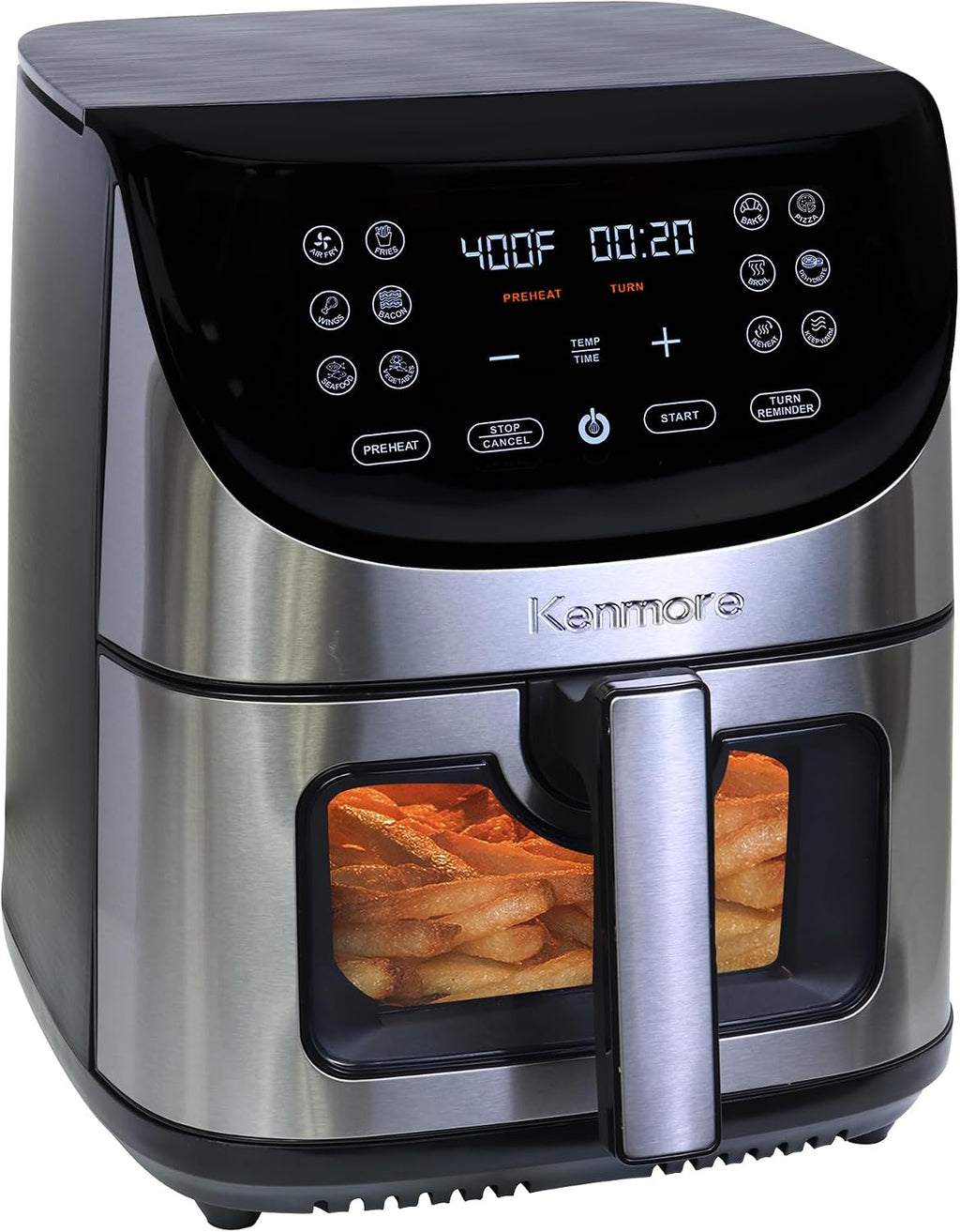 Kenmore Air Fryer - 8 quart aerogrill, non-stick frying basket, french fry, digital touch screen, 12 presets, freidora eléctrica, countertop cooking kitchen appliance, stainless steel, black