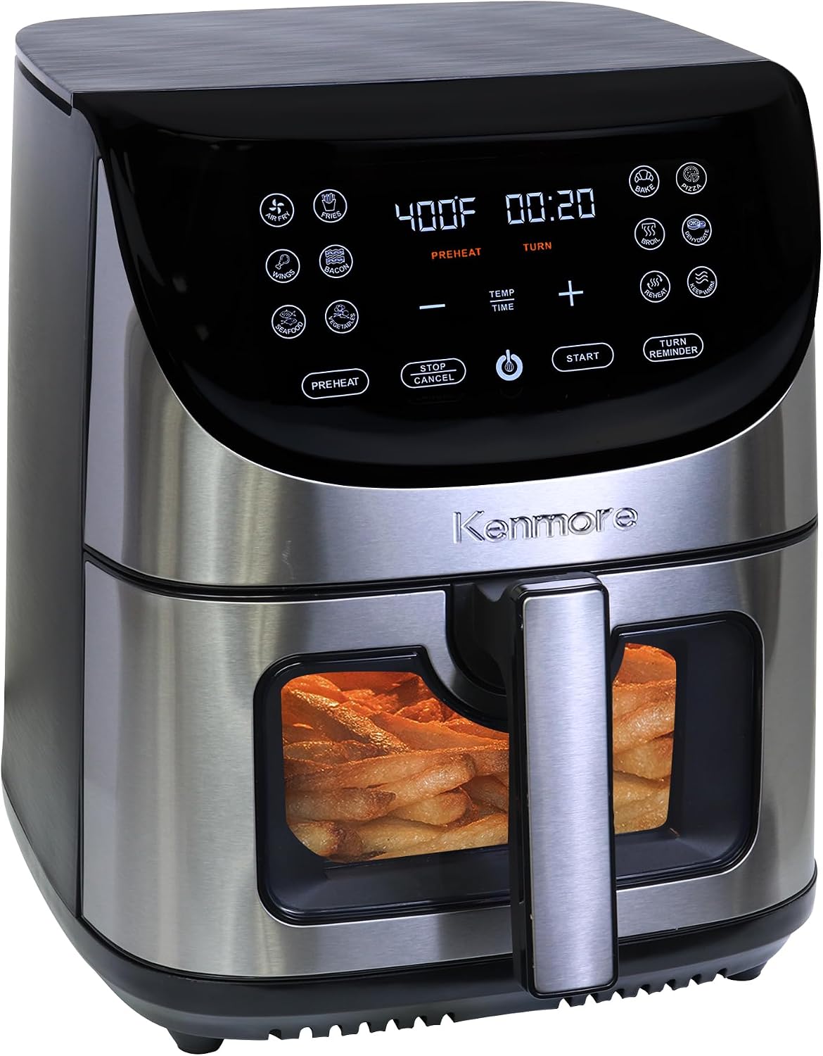 Kenmore Air Fryer - 8 quart aerogrill, non-stick frying basket, french fry, digital touch screen, 12 presets, freidora eléctrica, countertop cooking kitchen appliance, stainless steel, black