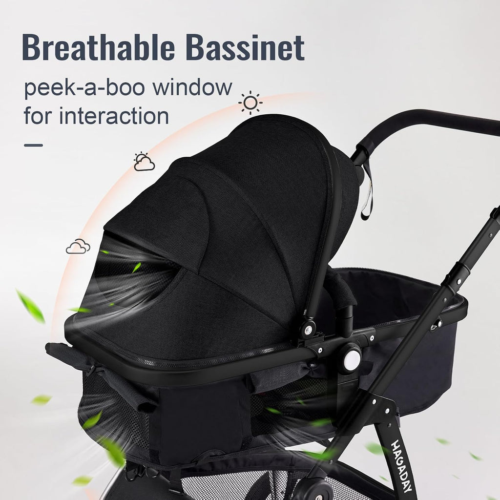 Baby Stroller, 2-in-1 Reversible Toddler Seat with Lie-Flat Mode, Foldable Infant Stroller with Canopy, One Button Brake, Adjustable Handle, Newborn Pushchair (Black B)