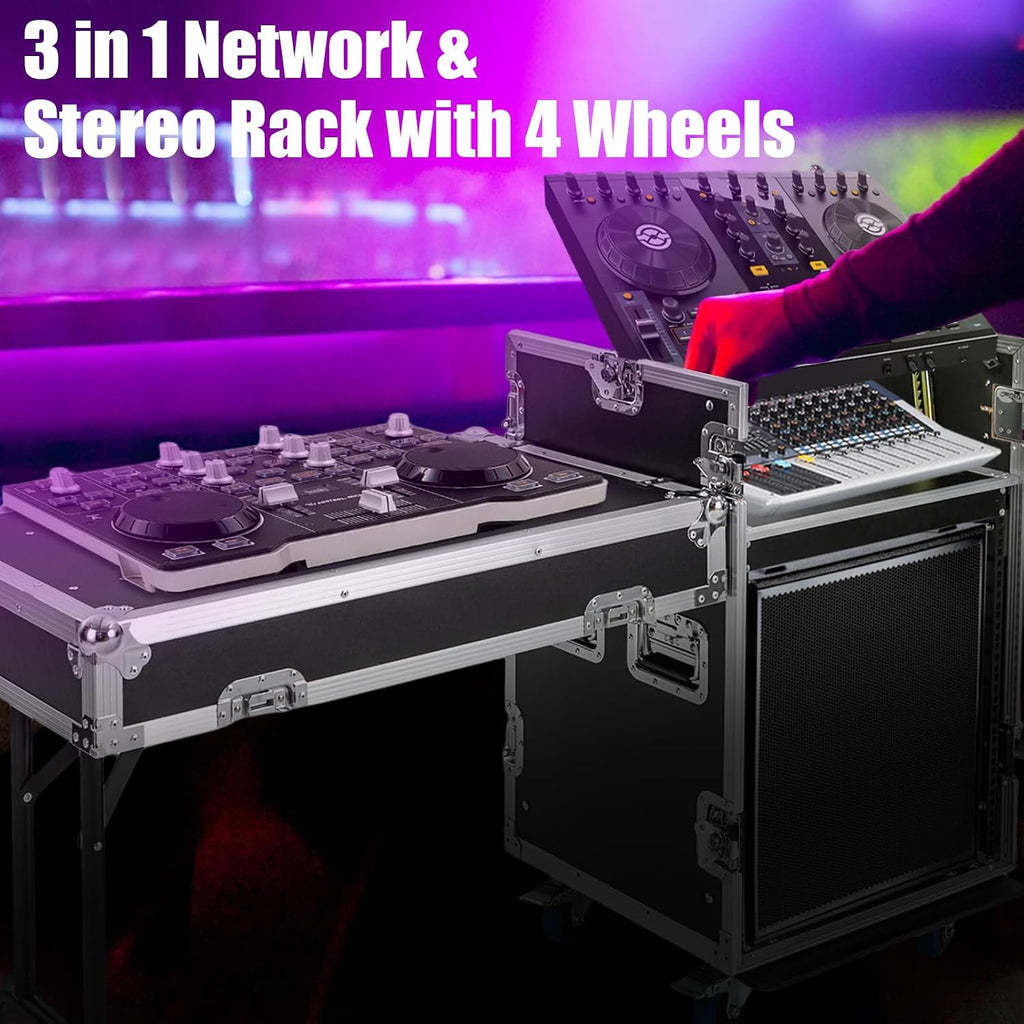 12U PA DJ Rack with DJ Table Top,DJ Work Table, Casters, Pro Tour Grade, Audio Rack/Road Case Vertical Rack Recording Studio Cabinet Racks for DVD Players, DJ Signal