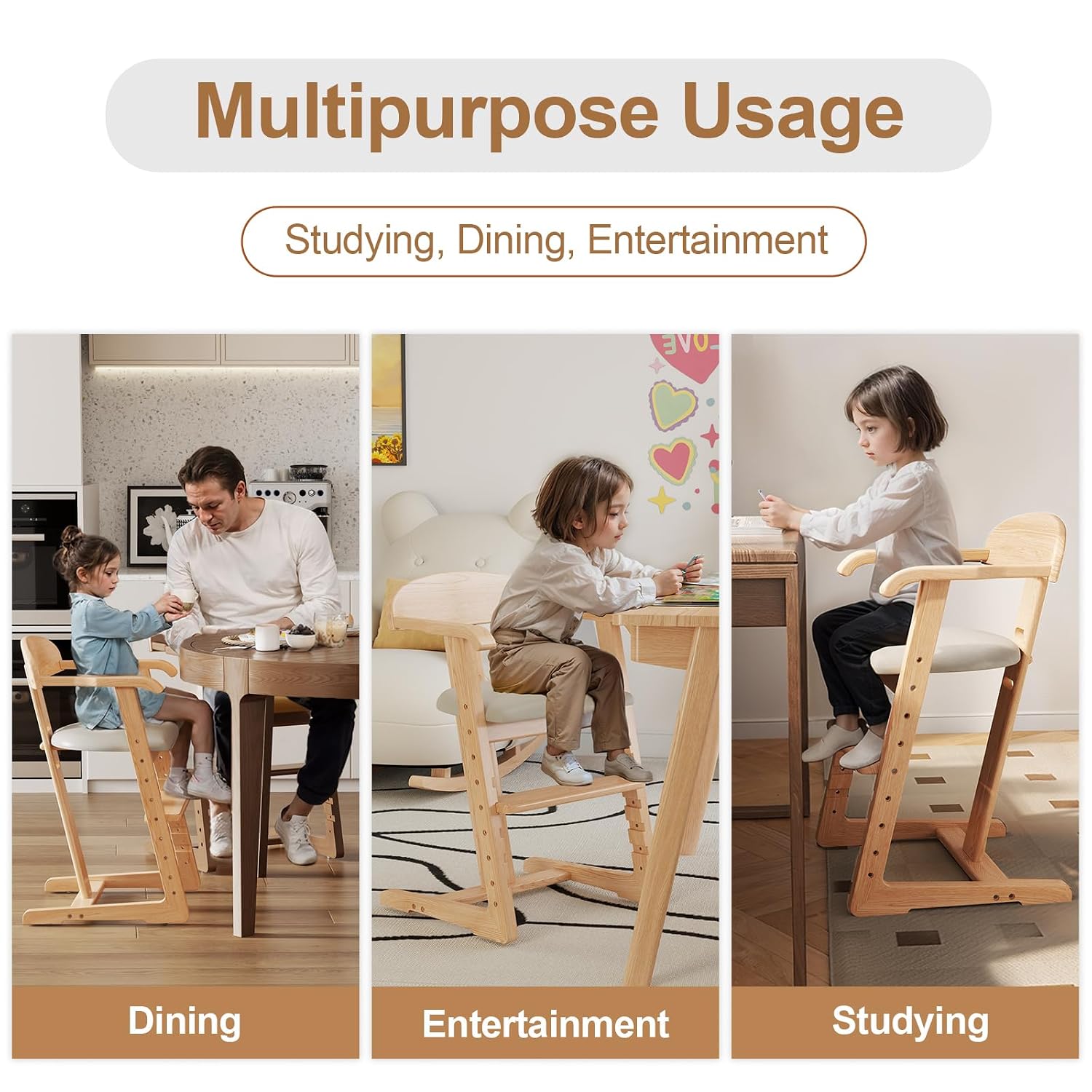 DOMGMUWUJEE Solid Wood Toddler Dining Chair - Adjustable Height Easy to Clean Toddler high Chair - Kids high Chair from 3 Years to 200 Lb, Grow with Child (Natural Grey)