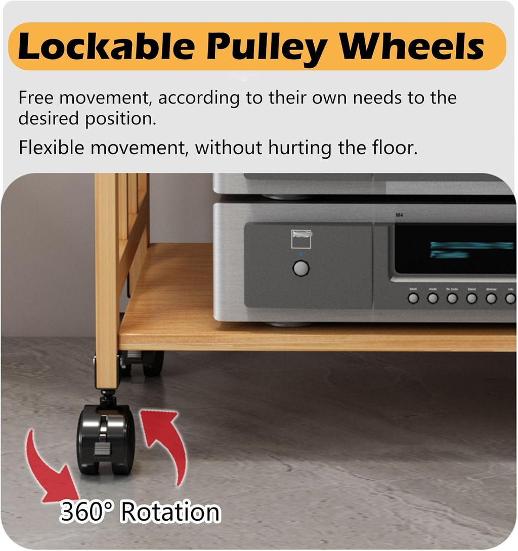 19 Inch Audio Rack Wood, 2 Tier Rolling Stereo Stand Cabinet with Height Adjustable Shelf, Heavy Duty AV Media Holder for Storage DVD Players/Game Console/TV Box(Natural,W 50 cm(19 5/7 in))