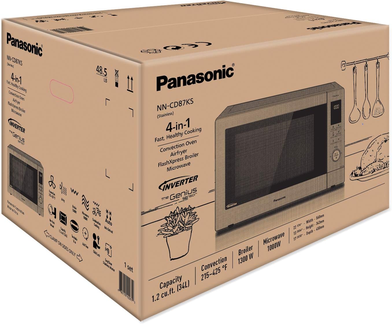 Panasonic HomeChef 4-in-1 Microwave Oven with Air Fryer, Convection Bake, FlashXpress Broiler, Inverter Microwave Technology, 1000W, 1.2 cu ft with Easy Clean Interior - NN-CD87KS (Stainless Steel)