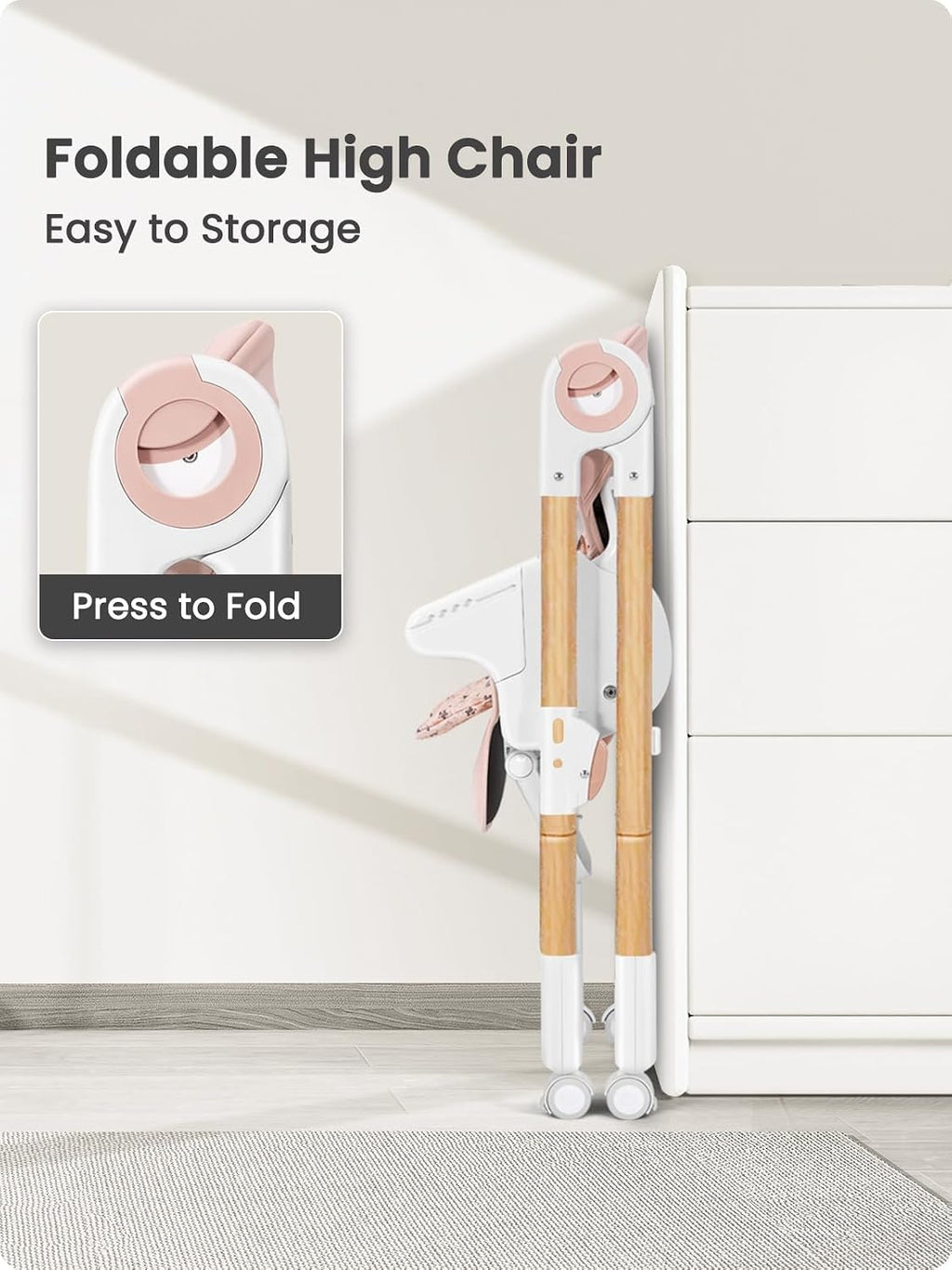Babilous Foldable High Chair with Soft Cushion, High Chairs for Babies and Toddlers, Height Adjustable Feeding Chair, Adjustable Backrest and Footrest, Lockable Wheels, Woodgrain Star Pink