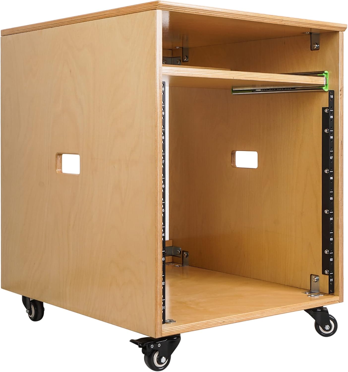 Sound Town 10U Solid Baltic Birch Plywood Studio Rack Desk with Slide-Out Tray, Rubber Feet, Casters, for Recording, Podcasts, Broadcasts, Streaming, Golden Oak (SDRK-ST10)