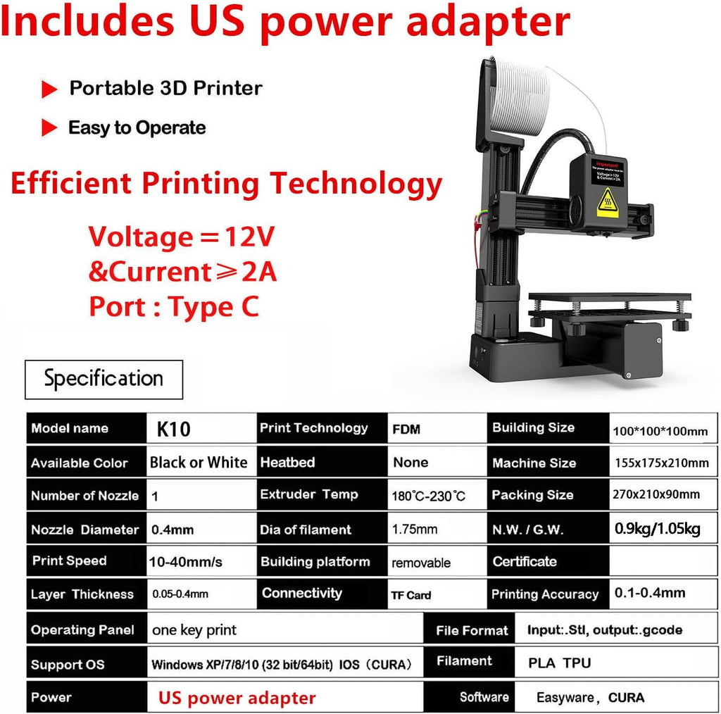 Portable 3D Printer - Compact FDM 3D Printer with Removable Build Plate, PLA & TPU Filament Compatibility, 0.4mm Nozzle, 100x100x100mm Build Volume, Easy-to-Use Design for Beginners