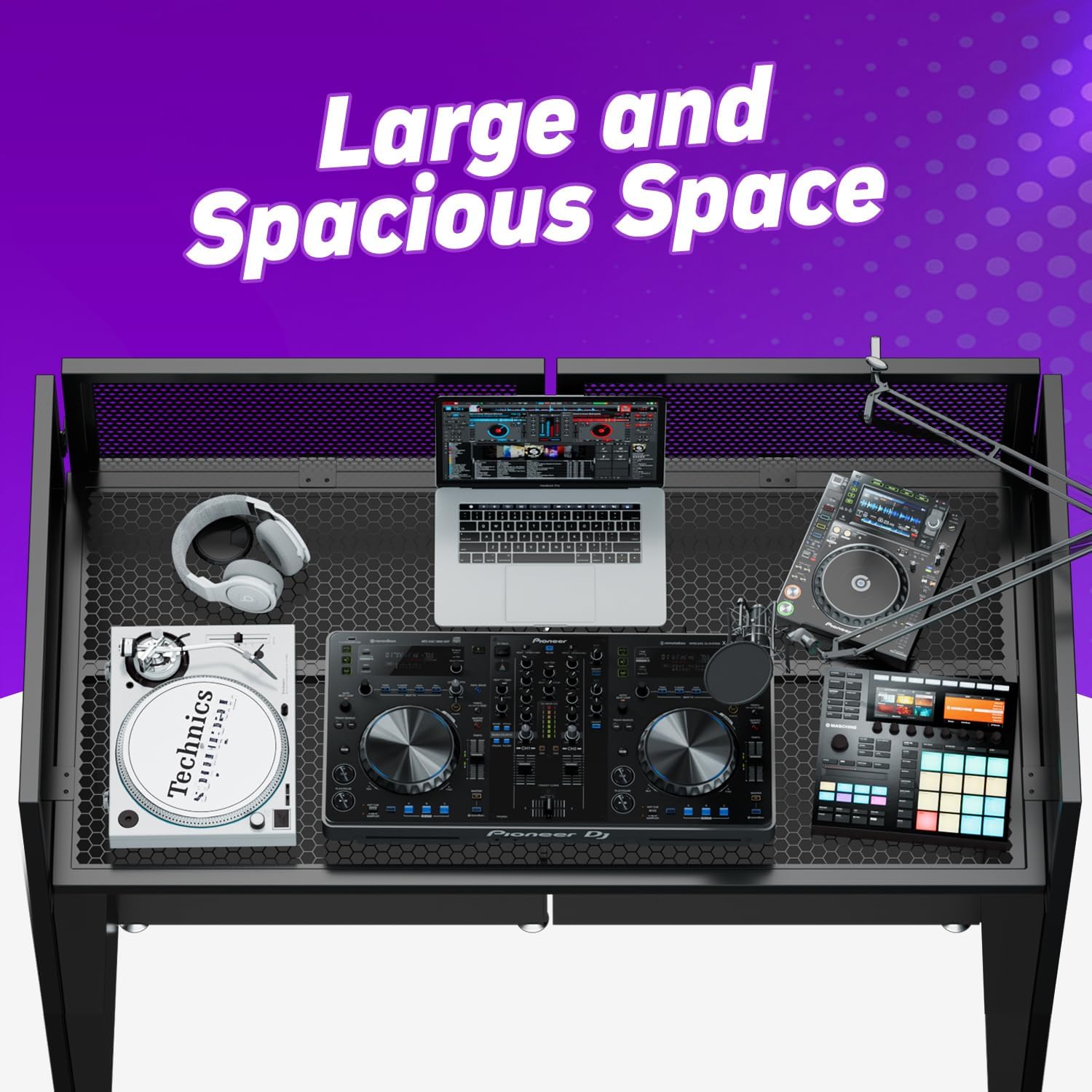 YooKoo Foldable DJ Booth for Tool-Free Assembly, DJ Table with White & Black Scrims, Metal Frame DJ Facade, DJ Stand with Cable Hole and Carry Bag, for Parties & Events & Small Studios