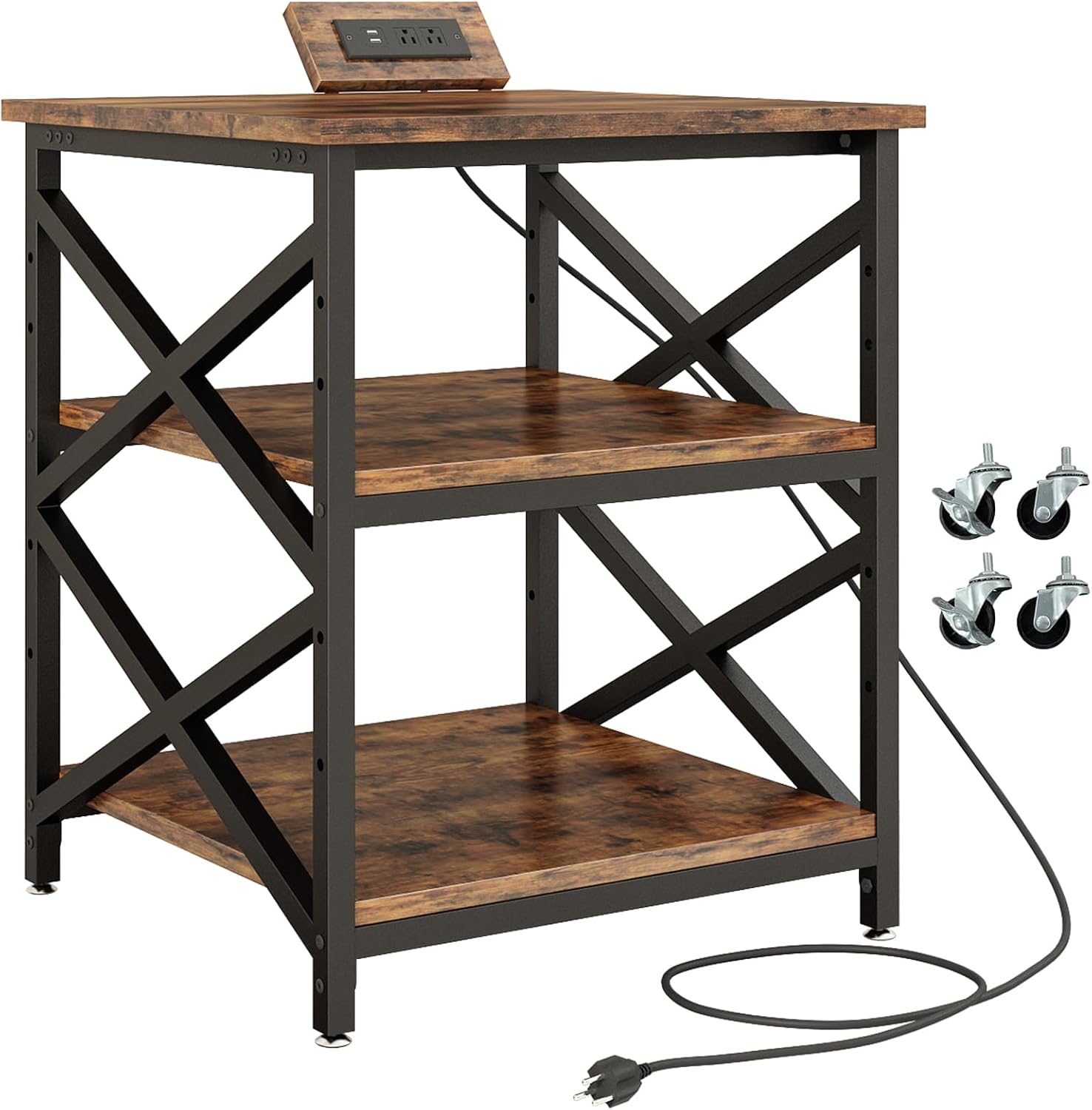 METYERRY Large Printer Stand with Power Outlet, with Height Adjustable Storage Shelf, 3 Tier Rolling Printer Cart with Industrial Wheels, 23.6 x 23.6 Inches Printer Table for Home Office, Rustic Brown