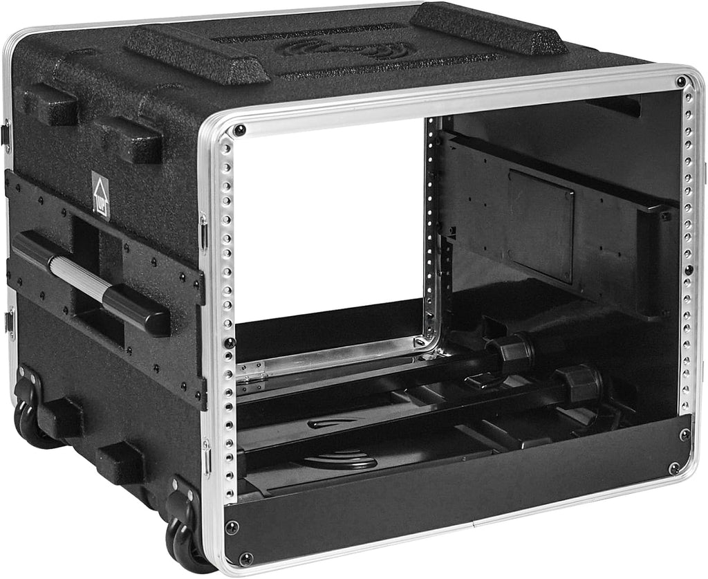 Sound Town Lightweight 8U PA DJ Rack/Road Case with 7U Rack Space, ABS Construction, 19' Depth, Retractable Handle, Wheels and Heavy-Duty Latches (STRC-A8UT)