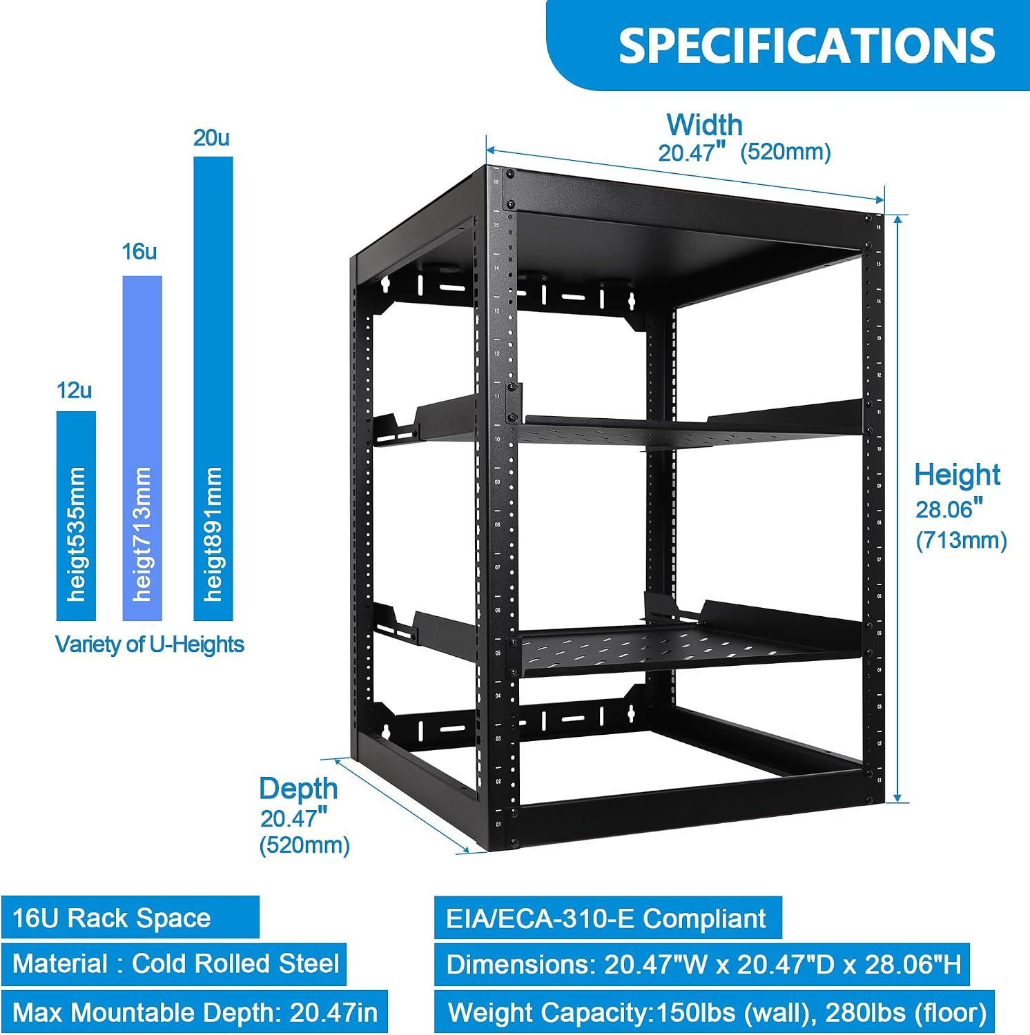 RackPath 16U Open Frame Network Rack with 2X 14in Vented 1U Shelves Rear Support, Wall Mount/Floor Standing Network Cabinet, Heavy Duty 150 lbs Capacity for IT & AV Gear, Audio and Video Device