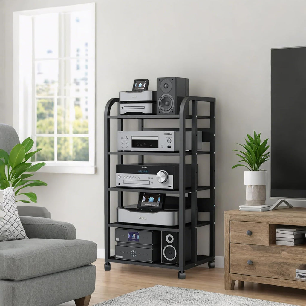 5-Tier AV Media Stand, Audio-Video Shelving Adjustable, Rolling AV Rack Electronics Equipment Shelf Stereo Cabinet for Living, Gaming, Recording Room (Black)