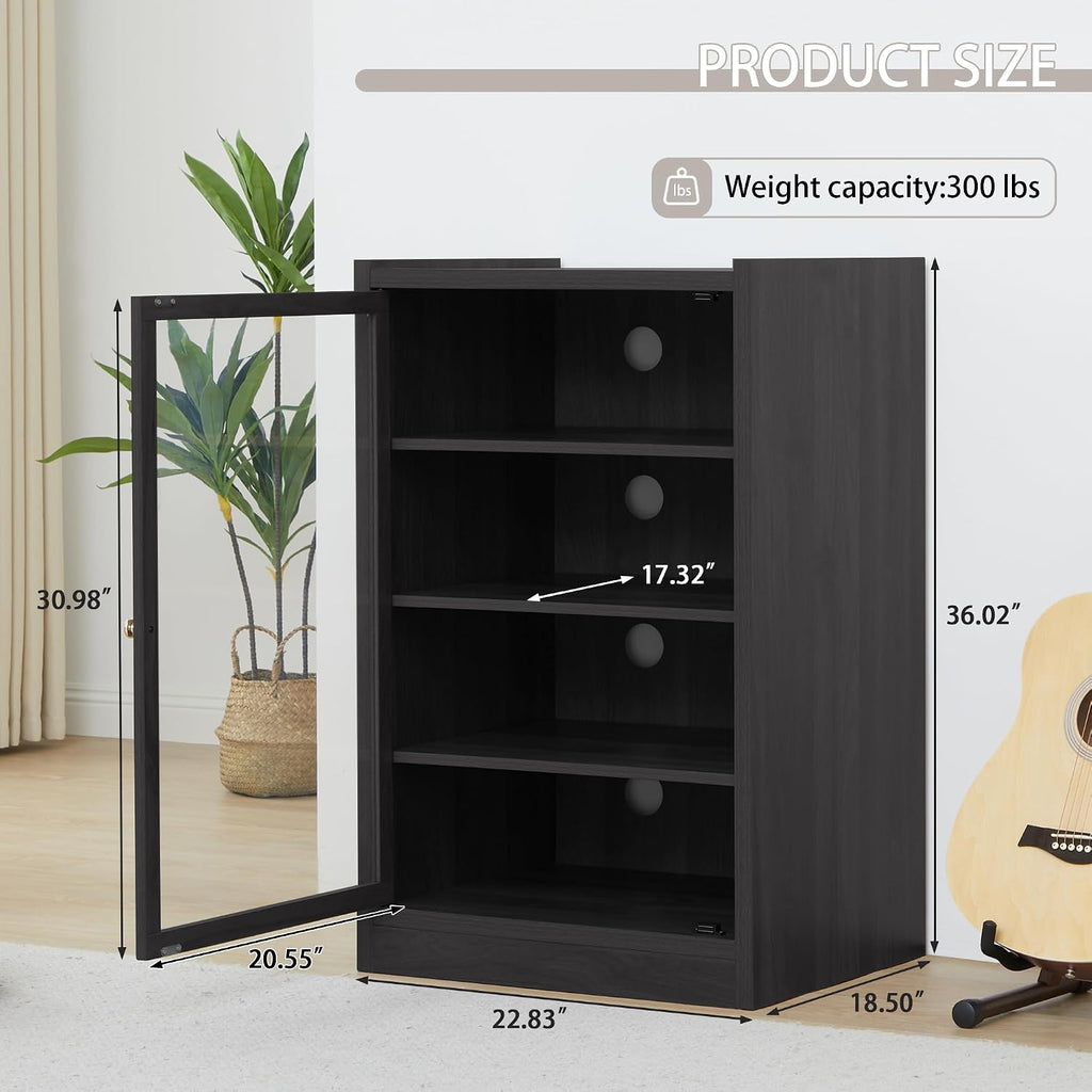LEVNARY Media Cabinet with Door, Black 5-Tier Stereo Cabinet with Adjustable Shelves, AV Media Storage Shelf with Cable Management, Audio-Video Rack Stand for Living, Gaming, Recording Room (Black)