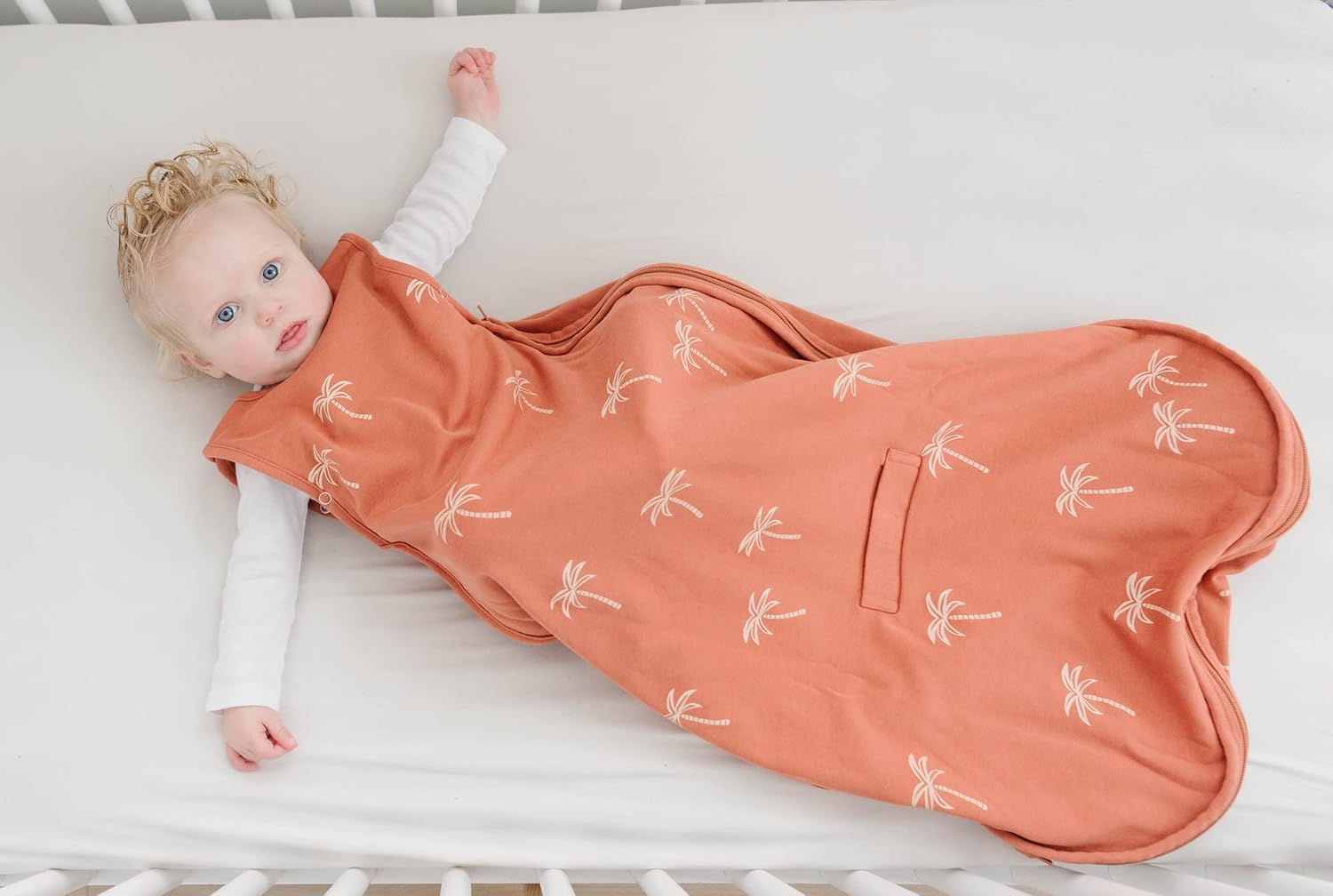 Woolino Ultimate Baby Sleep Sack – 4 Season Merino Wool Sleeping Bag, Organic Cotton Outer, Temp Regulating Blanket, Adjustable Sleep Sack Universal Size 2–24 Months - Palms