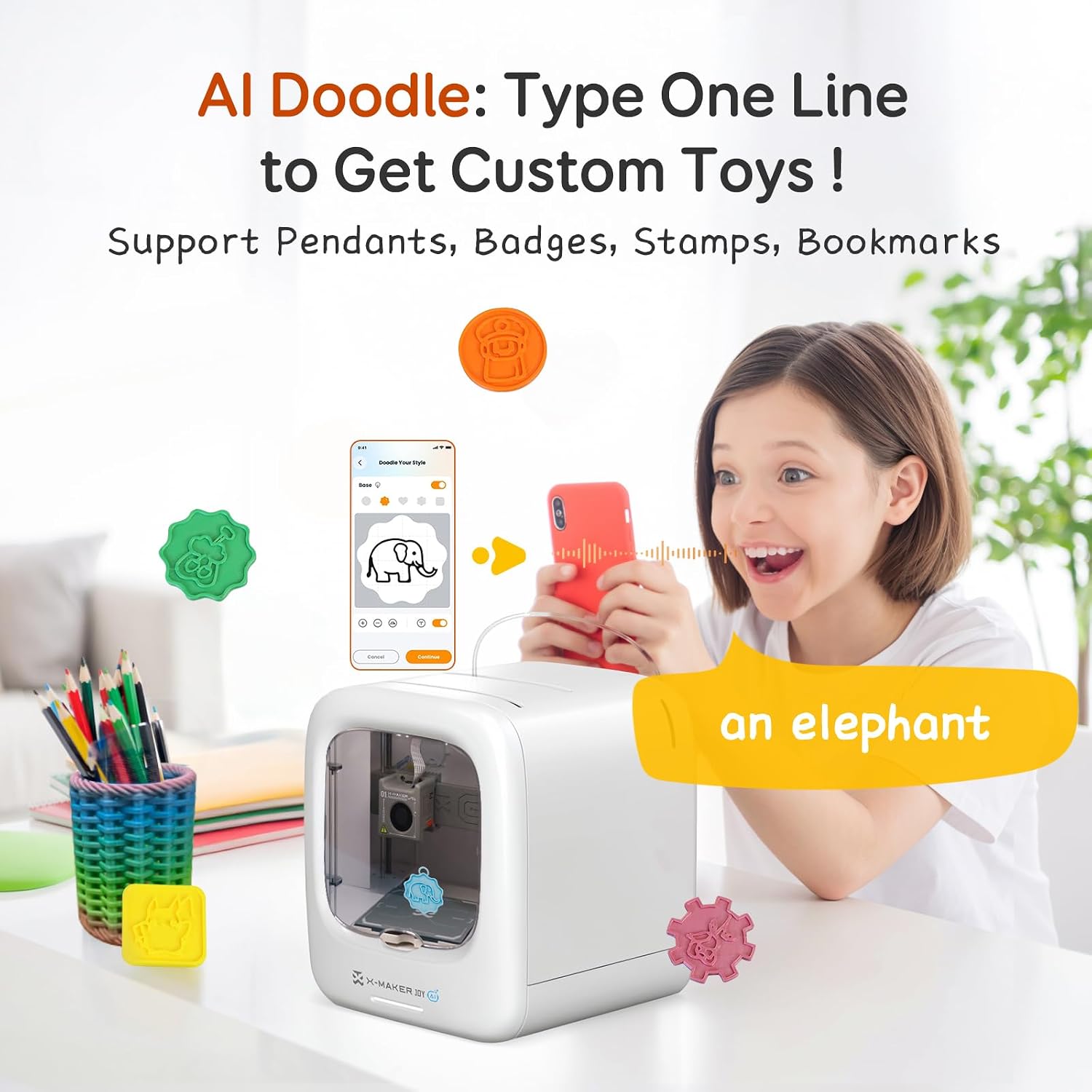 AOSEED 3D Printer for Kids, AI-Powered Fully Assembled 3D Printer with Up to 400mm/s Speed, Auto Leveling, 1500+ Models & 17+ Modules, Includes 8 PLA Filaments for Home and School Use, X-MAKER JOY AI+