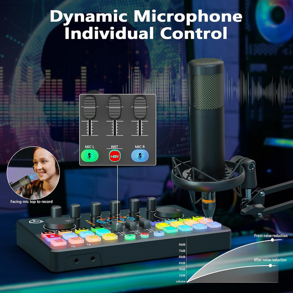 Podcast Equipment Bundle for 2, Audio Mixer with XLR Dynamic Microphone, Voice Change,RGB for Vocal Recording Podcasting,Streaming Singing TikTok, PC, Smartphone COMMANDER M100 3rd
