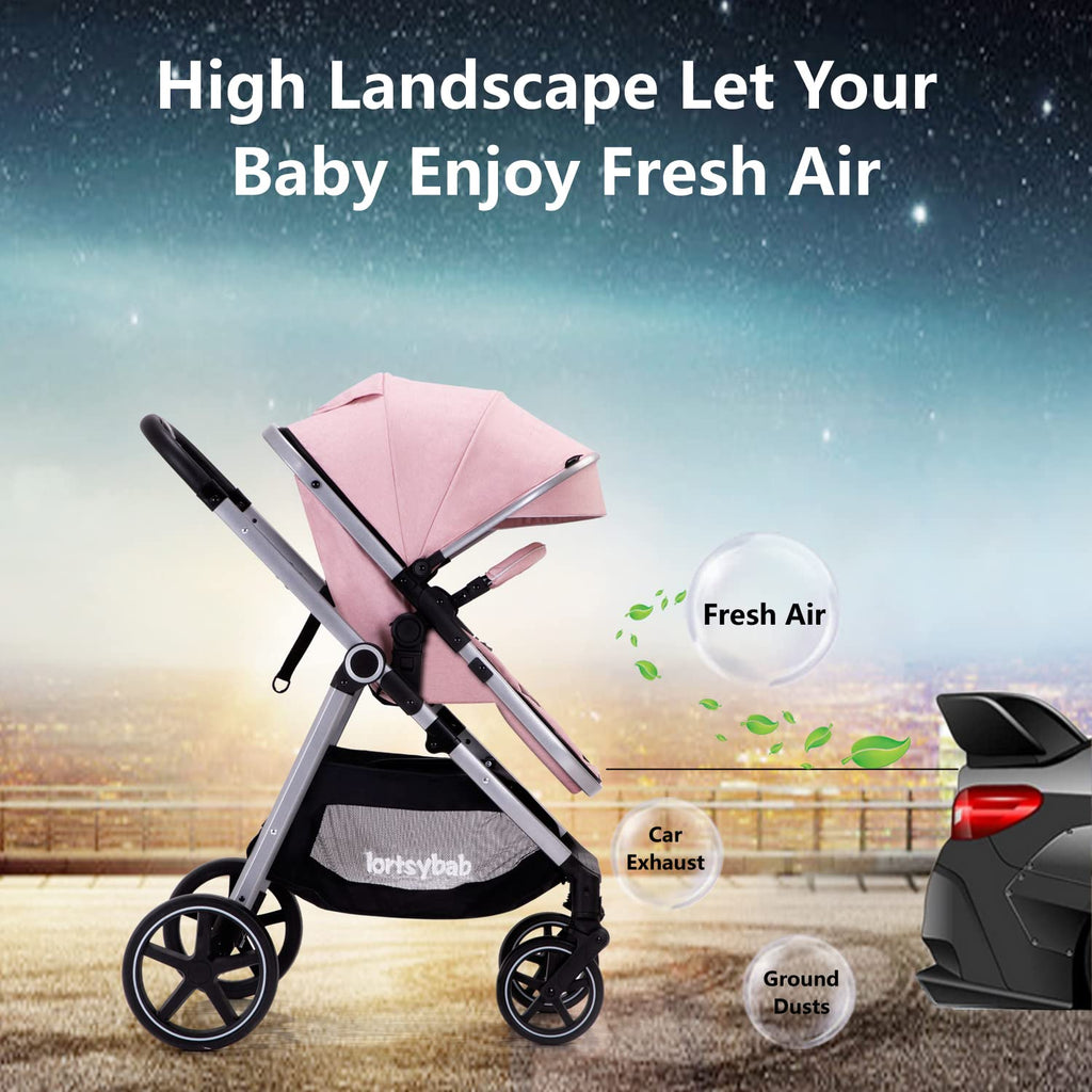 Lortsybab 2-in-1 Baby Stroller - Folding Infant Newborn Pram Stroller with Reversible Seat - Toddler Strollers for 0-36 Months Old Babies (Pink)