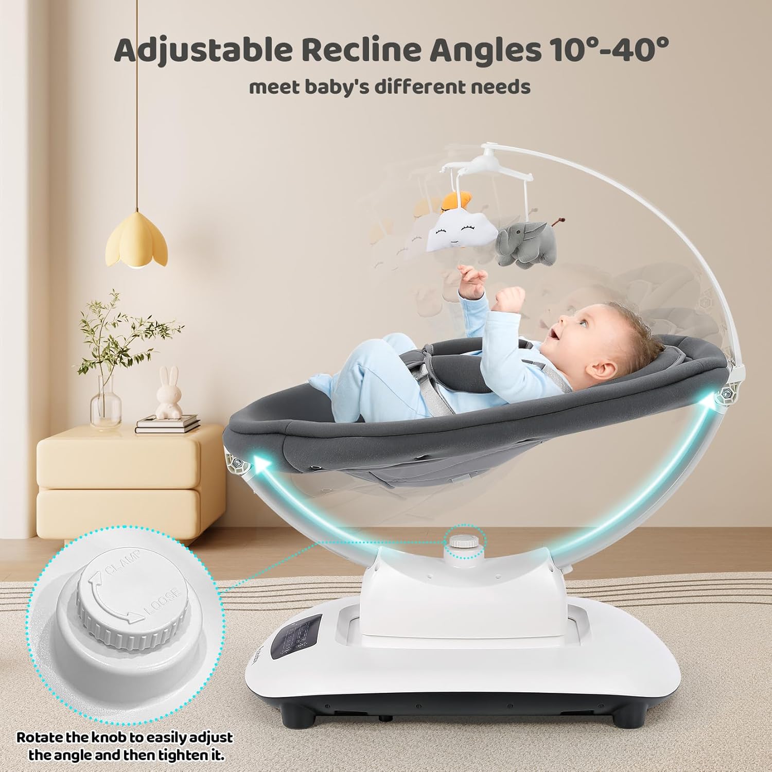 Ezebaby Electric Baby Swing for Infants with 5 Unique Motions, 5 Speeds, Lullabies, Bluetooth Enabled, Smart Baby Swings for Newborn with 5-Point Harness & Remote Control for 0-9 Months, Grey