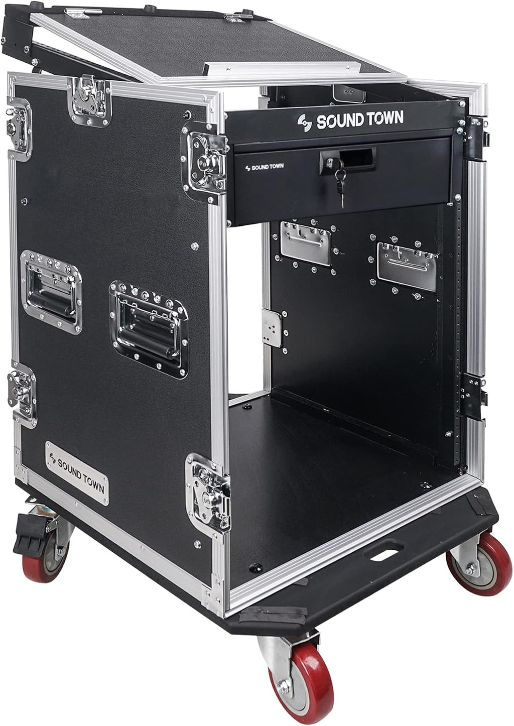 Sound Town Heavy-Duty 1/2' (12mm) Plywood 14U PA DJ Pro Audio Rack/Road ATA Case with 11U Slant Mixer Top, Locking Drawer, 20'' Rackable Depth and Casters (STMR-14D3)
