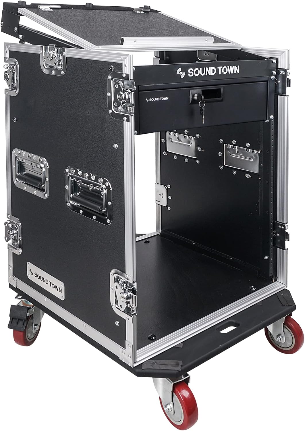 Sound Town Heavy-Duty 1/2' (12mm) Plywood 14U PA DJ Pro Audio Rack/Road ATA Case with 11U Slant Mixer Top, Locking Drawer, 20'' Rackable Depth and Casters (STMR-14D3)